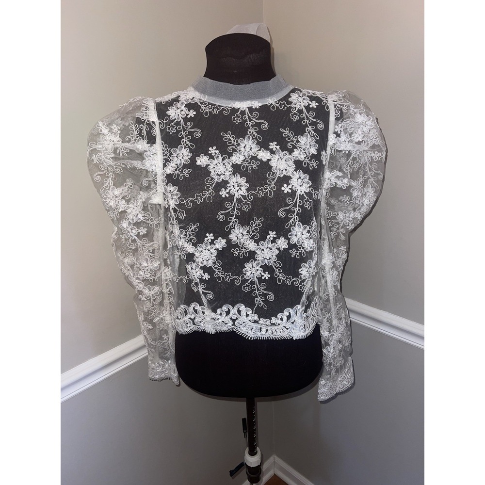 Akira Lace Overlay Puff Sleeve Tie Back Blouse White Fairy Whimsical Womens L
